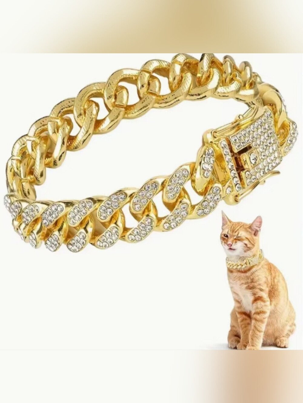Luxury Gold Cuban Link Cat Collar 22cm Crystal Rhinestone Bling Pet Necklace